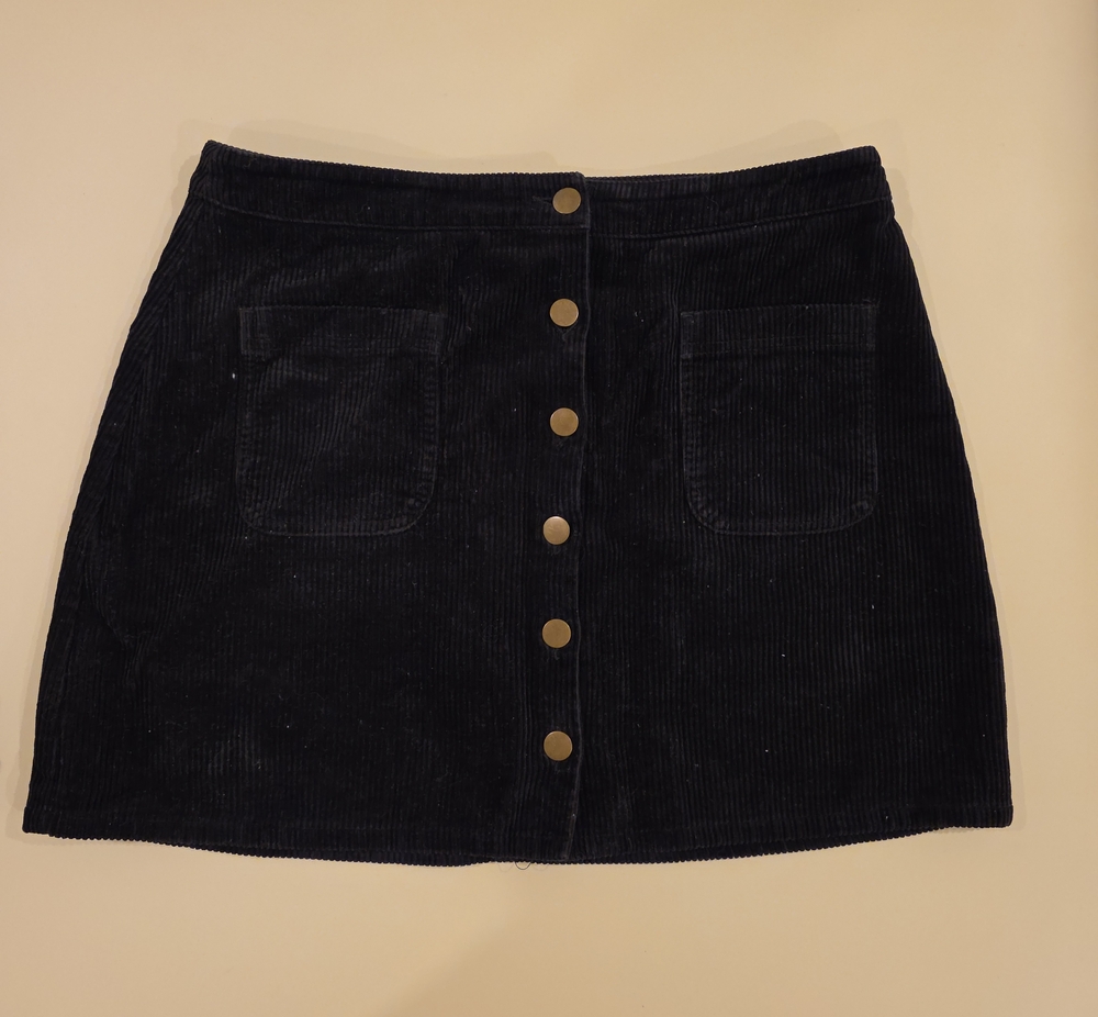 Button-Front Black Corduroy Mini Skirt